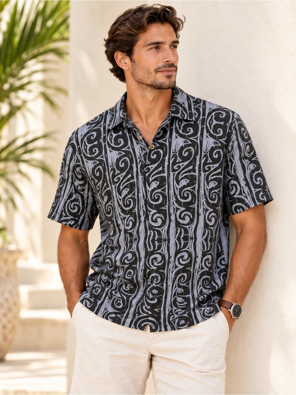 Men’s Crazy Shirts Wave Print Hawaiian Polo Tropical Preppy Resort